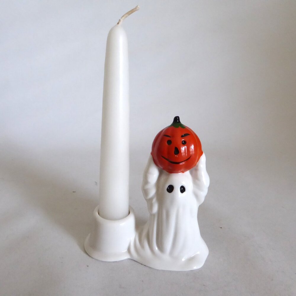 VINTAGE CERAMIC HALLOWEEN GHOST JACK O LANTERN PUMPKIN CERAMIC CANDLE HOLDER